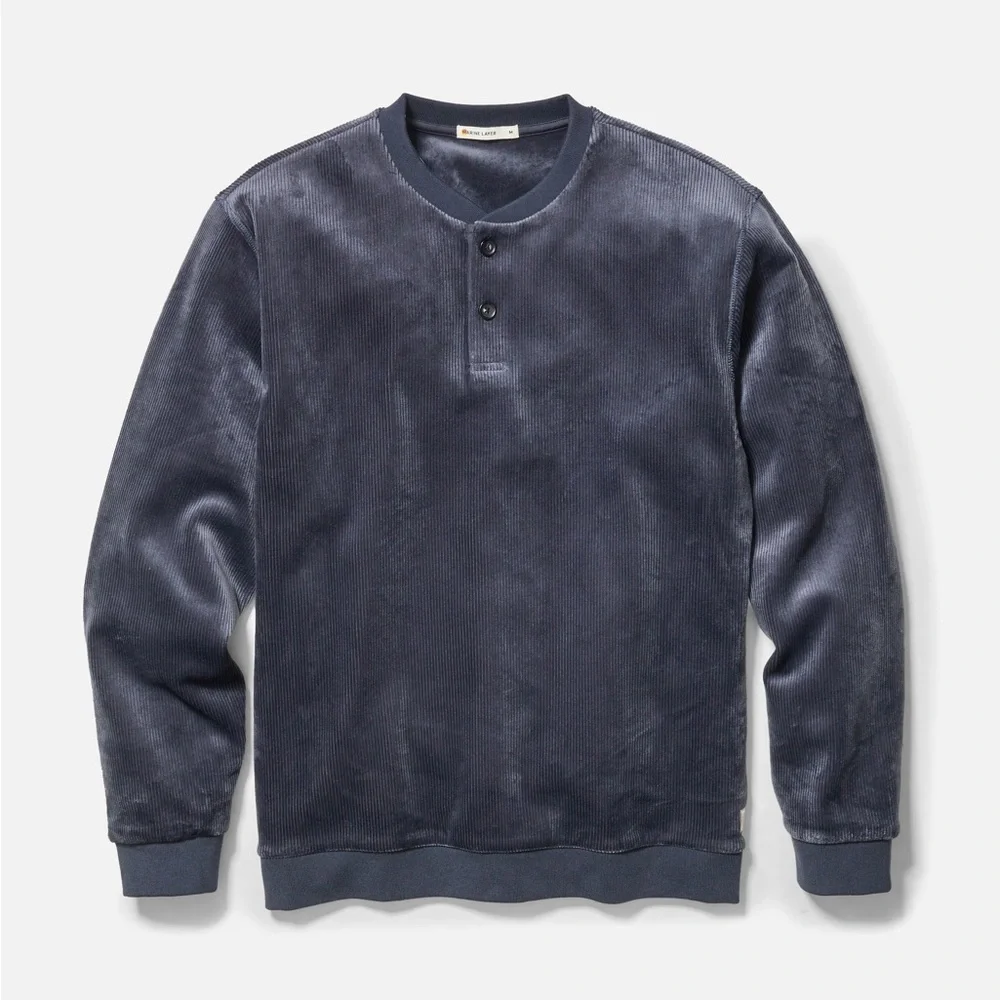 Marine Layer Men's Velour Corduroy Henley India Ink Blue 2XL New with Tags - Picture 2 of 4